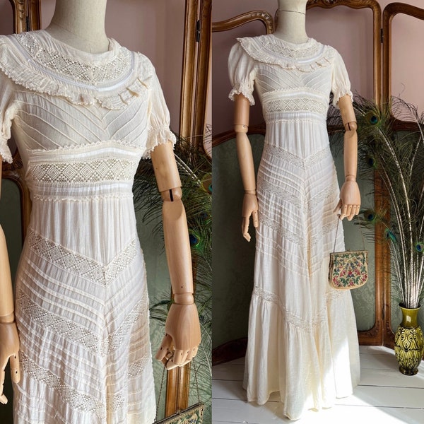 size XS vintage 1970s gauze cotton lace crochet bohemian dream dress