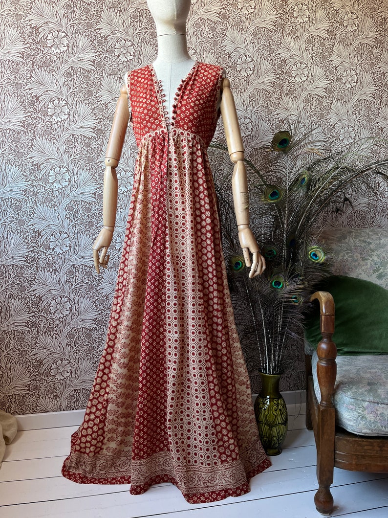 size S gorgeous vintage 1970s indian cotton maxi summer dress afbeelding 3