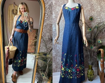 size L/XL coolest vintage 1970s denim embroidered halter dress