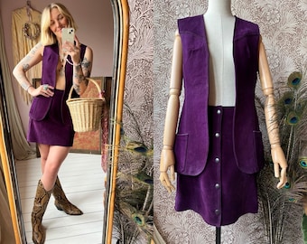 size S INSANE vintage 1970s PURPLE suede dream set - skirt and vest