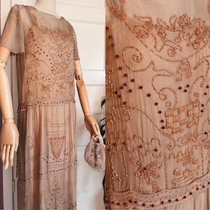 REDUCED as is size S insane antique mid 1920s - around 1925 - glass beaded silk chiffon flapper evening dress