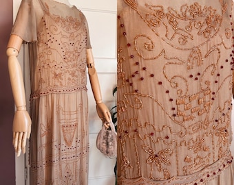 REDUCED as is size S insane antique mid 1920s - around 1925 - glass beaded silk chiffon flapper evening dress
