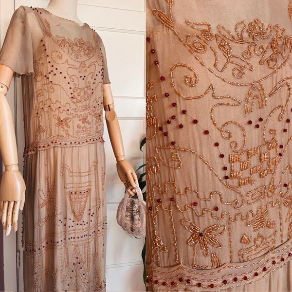 REDUCED as is size S insane antique mid 1920s - around 1925 - glass beaded silk chiffon flapper evening dress