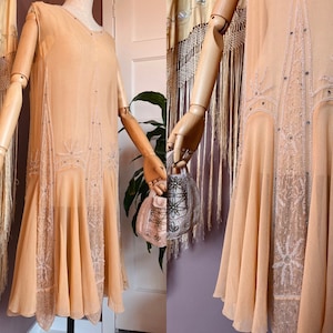 REDUCED size S as is antique late 1920s - around 1928 -  peach chiffon silk glass beaded flapper dress