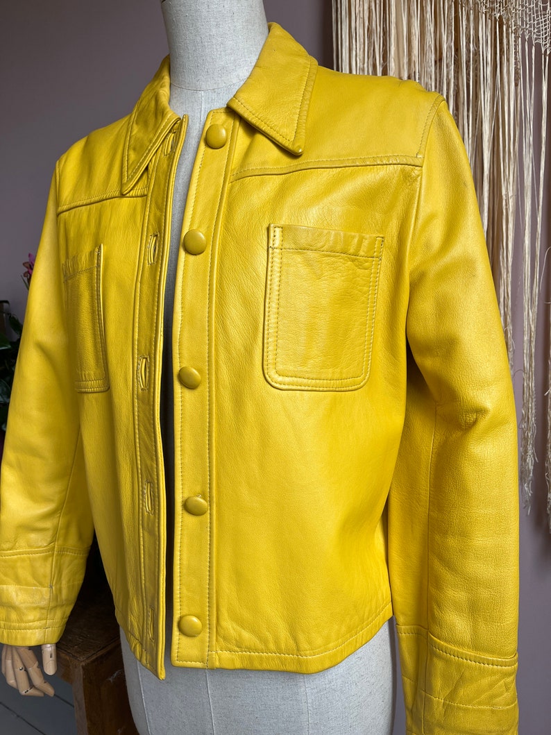 size M vintage 1970s yellow leather jacket afbeelding 4