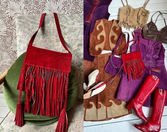 gorgeous vintage 1960s red suede fringe tassel bag