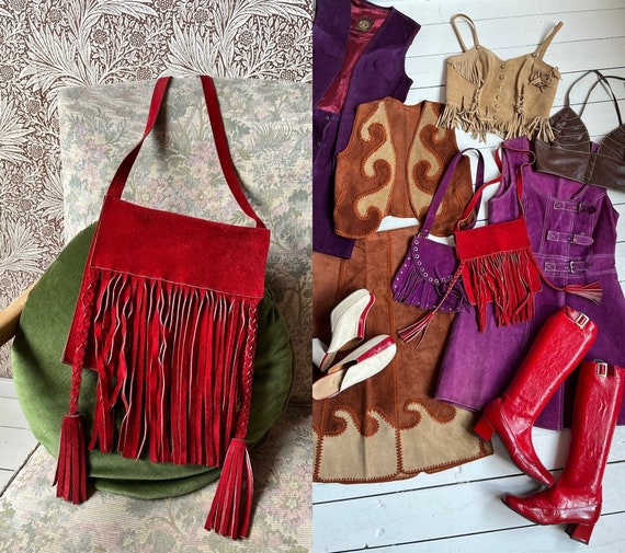 gorgeous vintage 1960s red suede fringe tassel bag - image 1