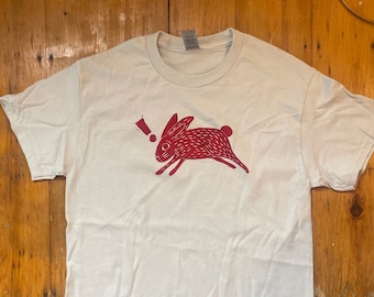 Hand Printed Red Rabbit on Grey T-Shirt — Handmade Linocut Block Print on Cotton Tee