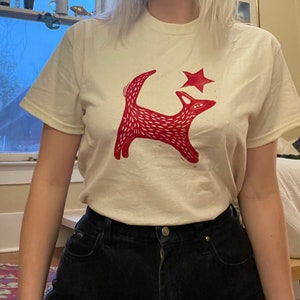 Red Star Friend Hand Printed on Cream T-Shirt — Handmade Linocut Block Dog Print on Cotton Tee