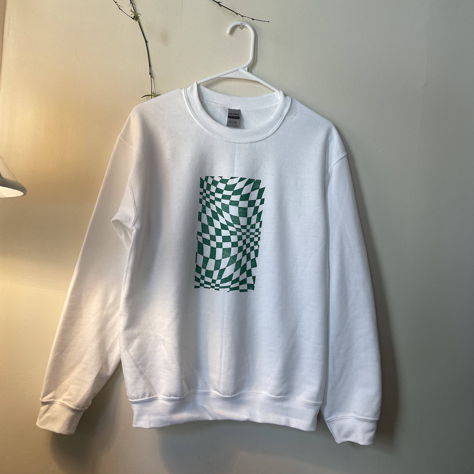 Green Wavy Checkered Crewneck Sweatshirt handmade Linocut | Etsy