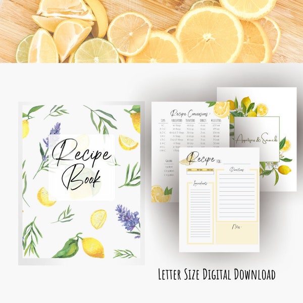 Recipe Binder Kit | Printable Recipe Template | Recipe Dividers & Organization | Lemon Recipe Book | PDF Printable