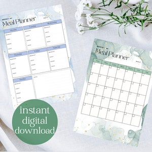 May include: Two printable meal planner templates with a watercolor background. The weekly planner has space for breakfast, lunch, dinner, and snacks for each day of the week. The monthly planner has a grid for each day of the month.