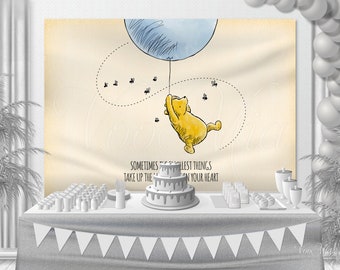 Classic Winnie The Pooh Baby Shower Backdrop, Blue Balloon Boy Nursery Wall Hanging, Birthday Banner and Poster, Printable Template