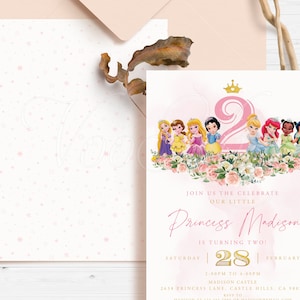 Prinses uitnodiging, prinses verjaardag uitnodigen sjabloon, bewerkbare uitnodigingen voor feest, afdrukbaar