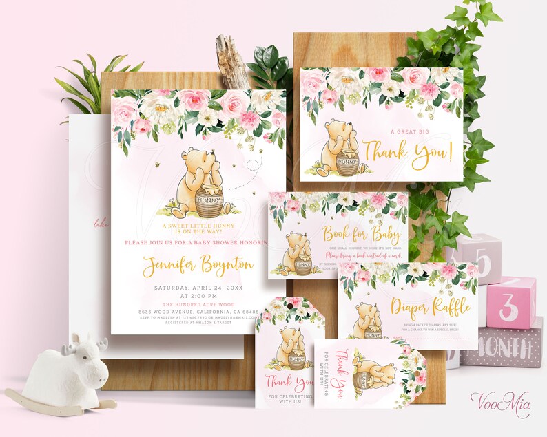 Classic Winnie The Pooh Baby Shower Invitation Template Pink Flowers Winnie Girl Baby Shower Suite