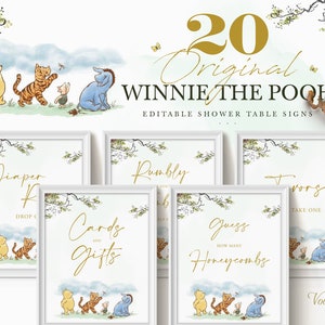 May include: A set of 20 printable Winnie the Pooh baby shower table signs. The signs feature Winnie the Pooh, Piglet, Tigger, and Eeyore characters in a watercolor style. The signs are editable and include text such as "Diaper Raffle", "Cards and Gifts", "Rumbly in My Tumbly", "Guess How Many Honeycombs", and "Favors".