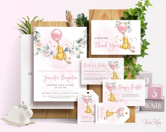 Classic Winnie The Pooh Baby Shower Invitation, Greenery Pink Balloon Invite Templates