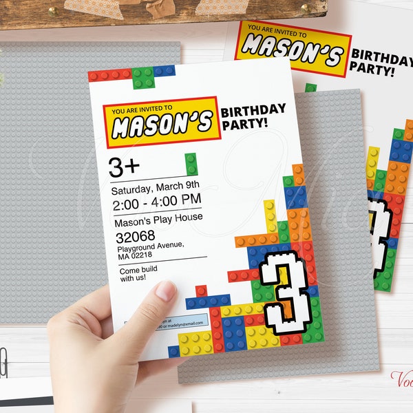 Building Blocks Birthday Invitation, Brick Party Invites, Editable Template, Printable