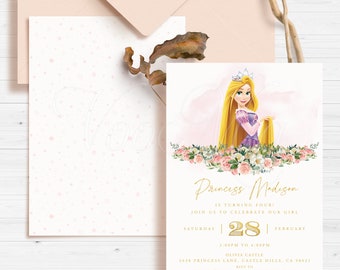 Rapunzel Prinzessin Einladung, verworrene Geburtstagseinladungsvorlage, bearbeitbare Partyeinladungen, druckbar