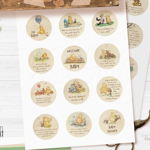Winnie The Pooh Cupcake Toppers, Editable Circle Tag Sticker, Cookie Food Favor Label, Printable