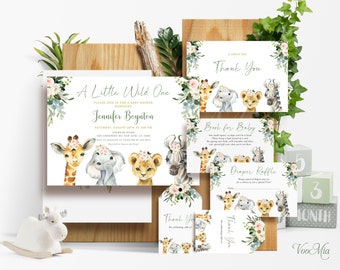 May include: A set of printable baby shower invitations with a jungle animal theme. The invitations feature a giraffe, elephant, and lion with floral crowns. The text on the invitations reads "A Little Wild One" and "Jennifer Boynton".