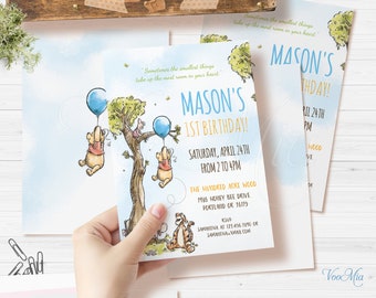 Classic Winnie The Pooh Birthday Invitation, Winnie Boy Party Invite, Editable Printable Template, Digital