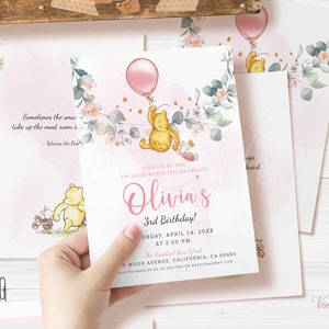 CLASSIC - Winnie The Pooh Birthday Invitation, Girl Party Invites, Editable Printable Template, Digital