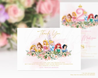 Princess Thank You Card, Gold Pink Party Thanks Template Editable, Printable Tags