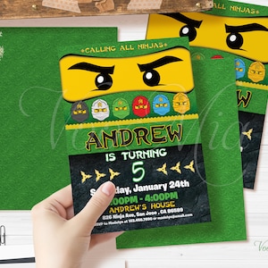 Ninja Birthday Invitation Template, Green Ninja Go Style Building Block Editable Invite