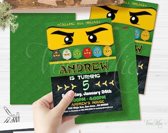 Ninja Birthday Invitation Template, Green Ninja Go Style Building Block Editable Invite