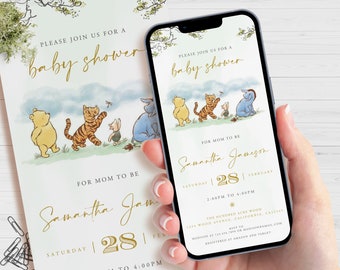Winnie The Pooh Evite Einladung, elektronische Babyparty einladen, digitale mobile Einladungen, bearbeitbare Smartphone Vorlage