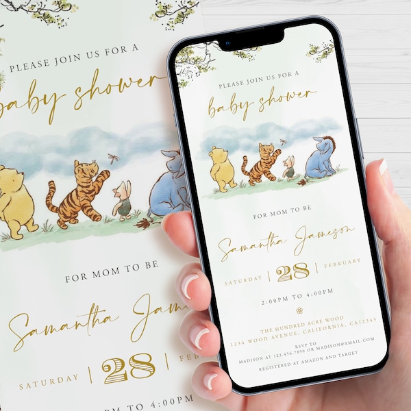 Winnie The Pooh Evite Invitation, Electronic Baby Shower Invite, Digital Mobile Invitations, Editable Smartphone Template