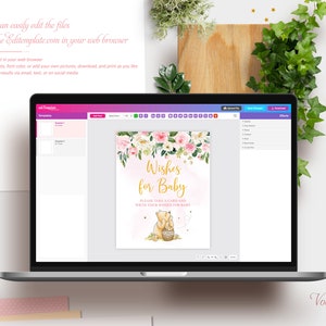 Puede incluir: Un cartel de baby shower imprimible con un dise&ntilde;o floral rosa y blanco. El cartel presenta un personaje de Winnie the Pooh y el texto "Wishes for Baby".