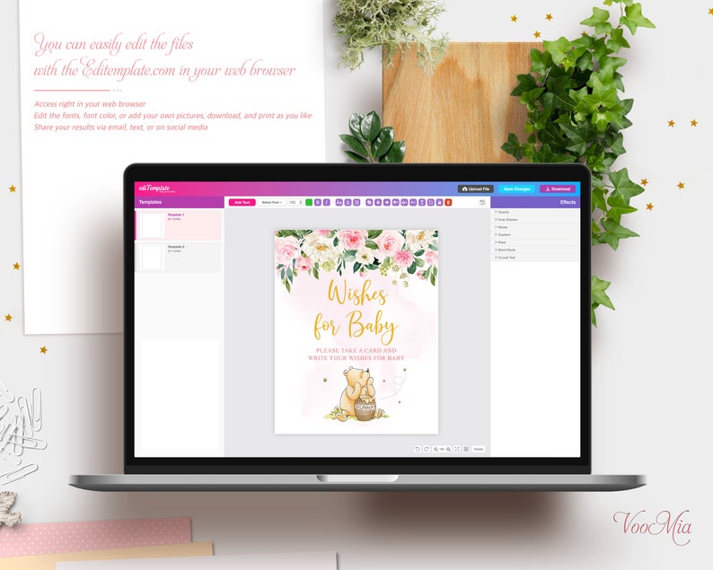 Puede incluir: Un cartel de baby shower imprimible con un dise&ntilde;o floral rosa y blanco. El cartel presenta un personaje de Winnie the Pooh y el texto "Wishes for Baby".
