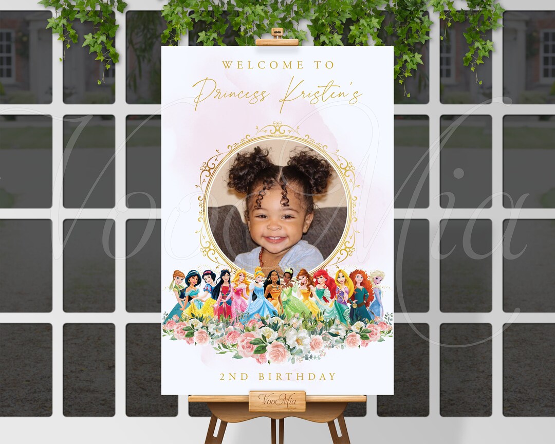 All Princess Birthday Sign, Welcome Poster With Photo, Gold Pink ...