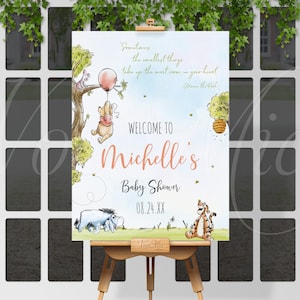 Winnie The Pooh Baby Shower Welcome Sign, Classic Red Balloon Poster Editable Template
