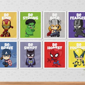 Arte de pared de superhéroes, impresiones de dormitorios para niños, decoración de guardería de superhéroes, conjunto completo de carteles