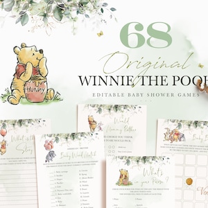 WINNIE - ベビーシャワーゲーム、くまのプーさんの編集可能なゲームカード、緑のプーさんのパーティーテンプレート、印刷可能