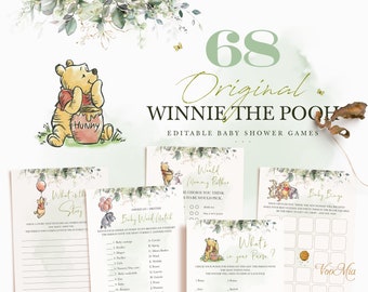 WINNIE - Baby Shower Games, Winnie The Pooh Editable Game Cards, Greenery Pooh Party Template, Printable