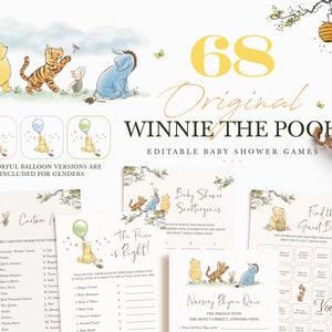 68 juegos de baby shower de Winnie the Pooh, tarjetas de juego editables clásicas de Pooh, plantilla imprimible