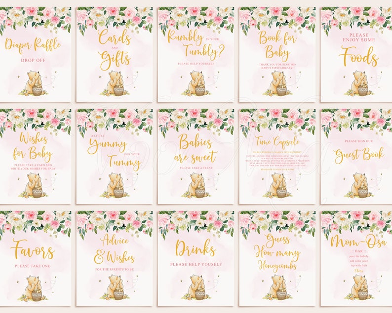 Puede incluir: Un conjunto de 12 carteles imprimibles para una fiesta de bienvenida al beb&eacute; con Winnie de Pooh y dise&ntilde;os florales. Los carteles incluyen t&iacute;tulos como "Rifa de pa&ntilde;ales", "Tarjetas y regalos", "Rumbly Tumbly", "Libro para el beb&eacute;", "Por favor, disfrute de algunos alimentos", "Deseos para el beb&eacute;", "Un poco de delicioso para tu barriga", "Los beb&eacute;s son dulces", "C&aacute;psula del tiempo", "Por favor, firme nuestro libro de visitas", "Favores", "Consejos y deseos", "Bebidas", "Adivina cu&aacute;ntos panales", y "Bar Mom-Osa".