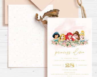 Princess Birthday Invitation Princesses Editable Gold Pink Party Invite Digital Download Printable Template