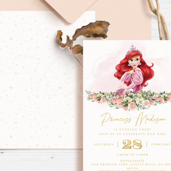 Ariel Princess Invitation, Little Mermaid Birthday Invite Template, Editable Party Invitations, Printable