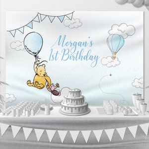 Classic Winnie The Pooh Birthday Backdrop, Blue Balloon Boy Nursery Wall Hanging, Banner and Poster, Printable Template