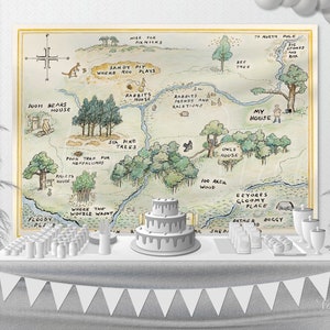 100 Acre Woods Map Backdrop, Winnie the Pooh Nursery Map, Baby Shower or Birthday Party Tapestry, Banner and Poster, Printable Template