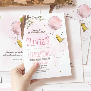 Invitación CLÁSICA de Winnie The Pooh, invitación a fiesta de cumpleaños de niña, plantilla imprimible editable, digital