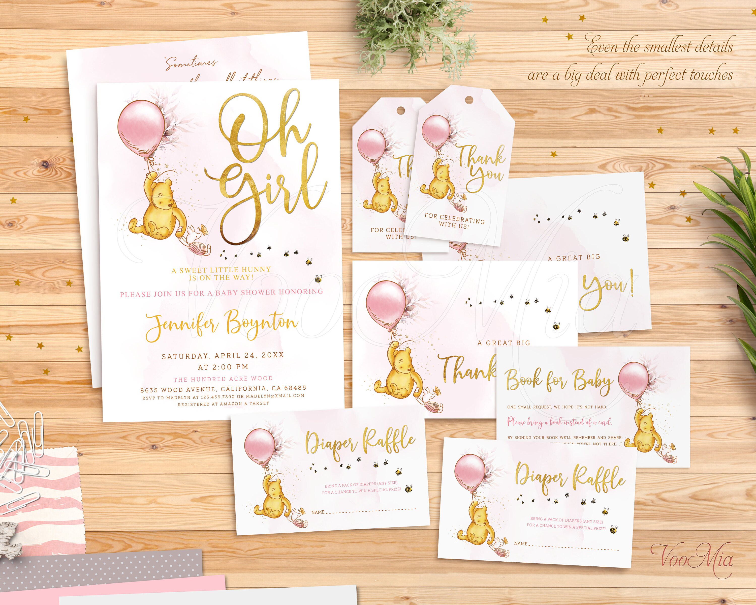 Winnie the Pooh Baby Shower Invitation Template Pink Balloon - Etsy