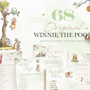 68 jogos de chá de bebê do Ursinho Pooh, cartões de jogo editáveis, modelo para impressão