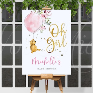 Classic Winnie The Pooh Baby Shower Sign, Oh Girl Welcome Poster Editable Template