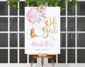 Classic Winnie The Pooh Baby Shower Sign, Oh Girl Welcome Poster Editable Template